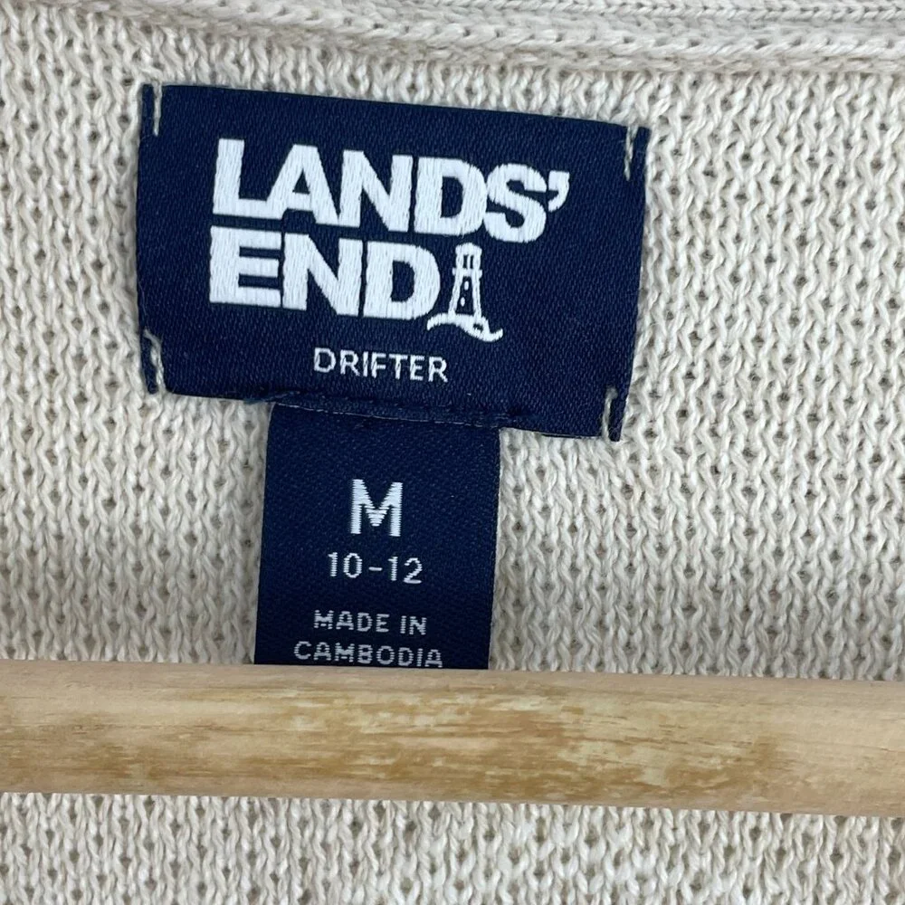 Lands End Womens Medium Beige‎ Cardigan Palm Tree Cotton Button Up Sweater